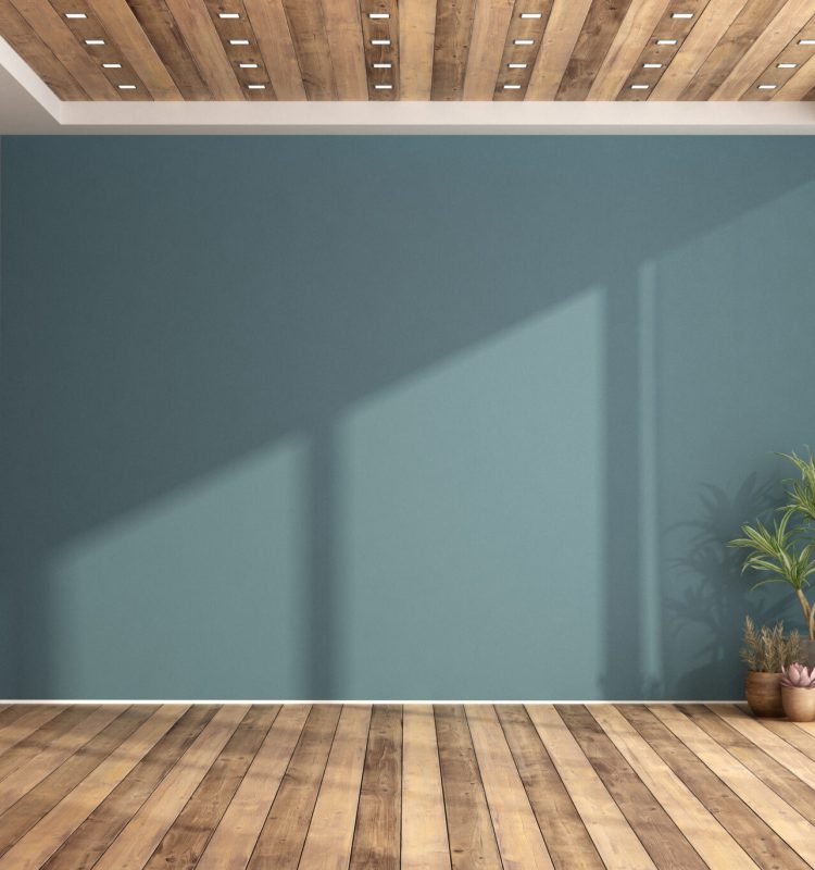 Empty blue living room with large window and hardwood floor - 3d rendering