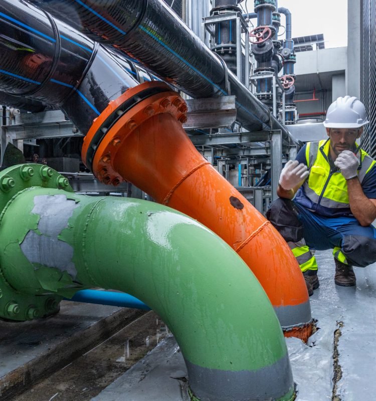 A safety-clad engineer examines a rusted or corroded area on an orange industrial pipe while reporting via handheld radio.