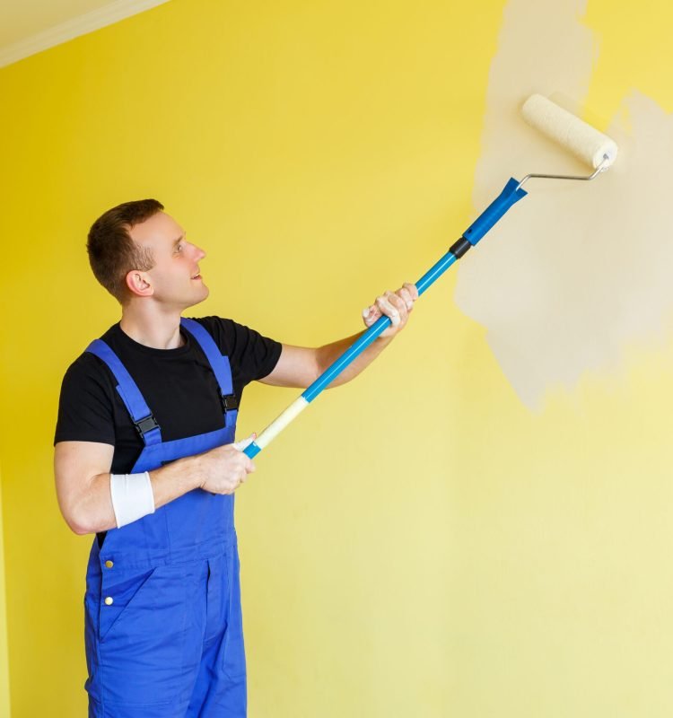 A young man makes repairs to the apartment, ok re-paints the walls in a different color