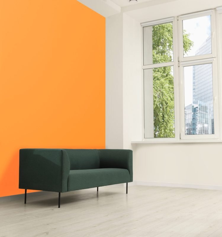 Beautiful interior with sofa near orange wall