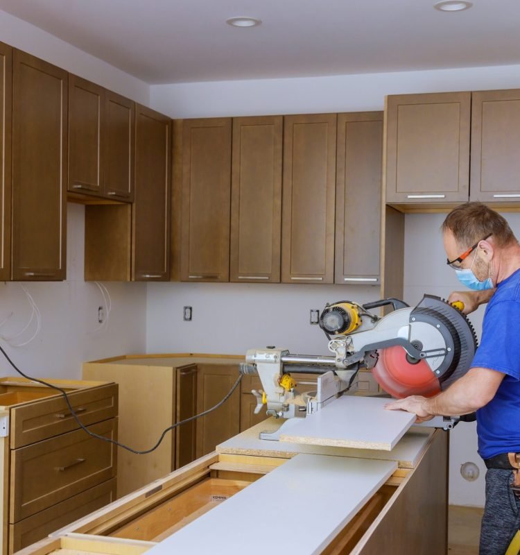 Remodel home improvement view installed in a new furniture in kitchen personal protective equipments for healthcare covid-19,